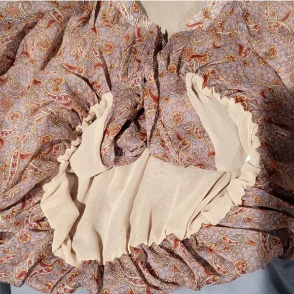 Zara Sheer Paisley Blouse Medium Boho Balloon Sleeve Button Front Top - Picture 4 of 10